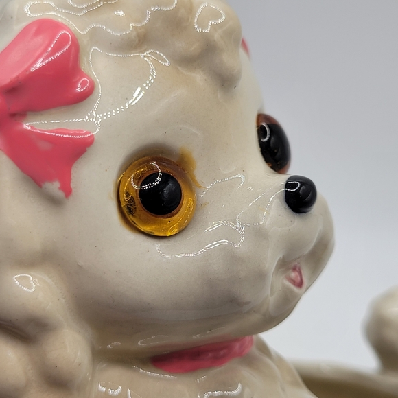 VTG Lefton Poodle Planter with Pink Bows, Glass Eyes & its Original Sticker, HTF - Picture 4 of 15
